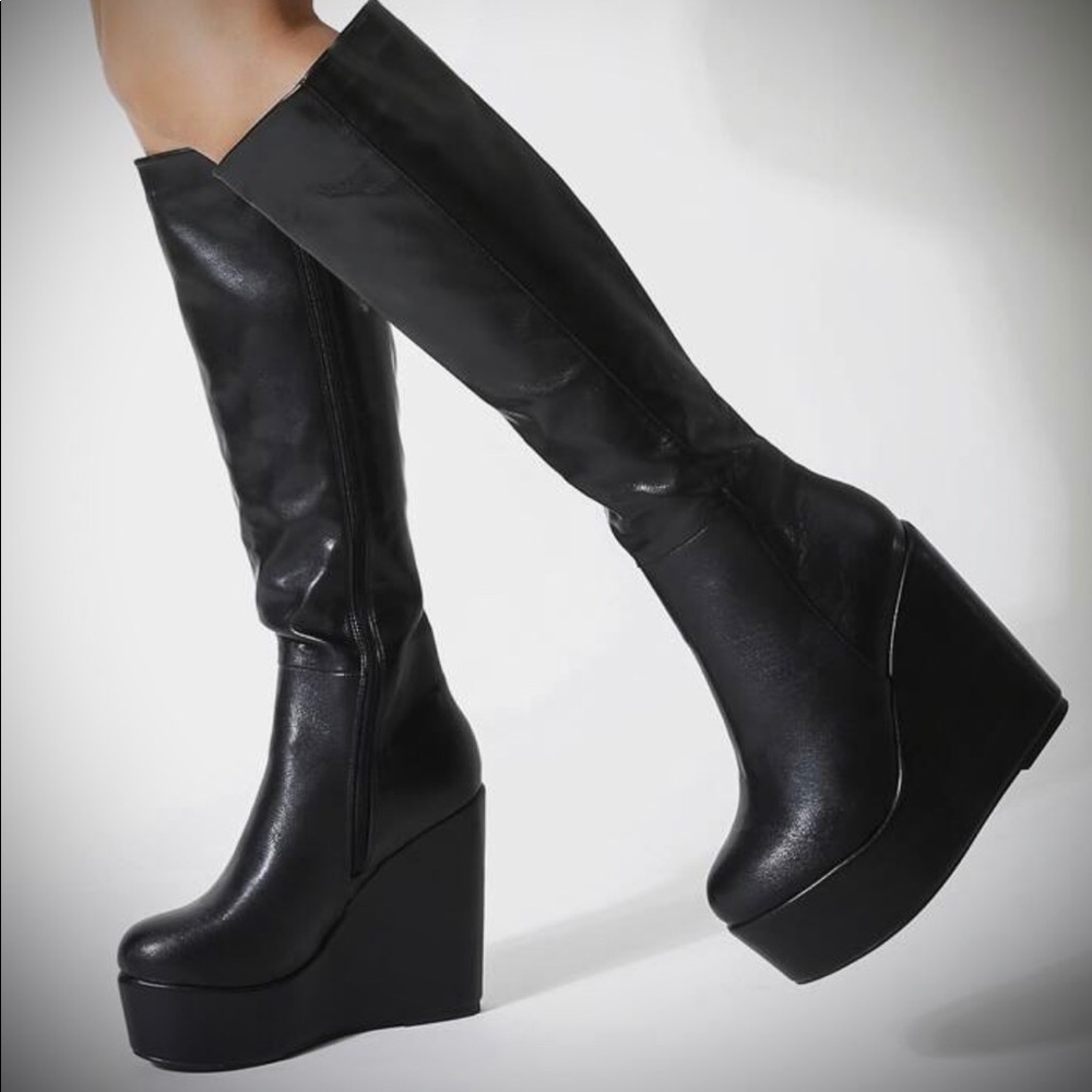 Shein Black Minimalist Knee Wedge Platform Boots